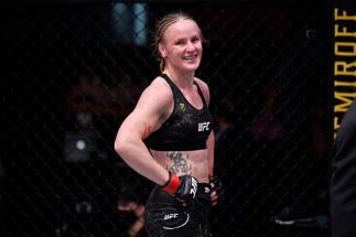 Valentina Shevchenko of Kyrgyzstan reacts after her women's flyweight championship bout against Jennifer Maia of Brazil during the UFC 255