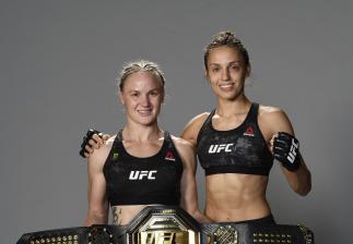 Valentina Shevchenko and Antonina Shevchenko of Kyrgyzstan pose for a portrait backstage during the UFC 255