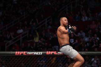 Khaos Williams celebrates his TKO victory over Alex Morono in their welterweight bout during the UFC 247 event at Toyota Center on February 08, 2020 in Houston, Texas. (Photo by Josh Hedges/Zuffa LLC via Getty Images)