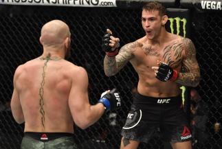 Dustin Poirier points at Conor McGregor of Ireland in a lightweight fight during the UFC 257 event inside Etihad Arena on UFC Fight Island on January 23, 2021 in Abu Dhabi, United Arab Emirates. (Photo by Jeff Bottari/Zuffa LLC)