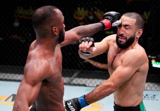 Leon Edwards of Jamaica accidentally pokes the eye of Bulal Muhammad in a welterweight fight during the UFC Fight Night event at UFC APEX