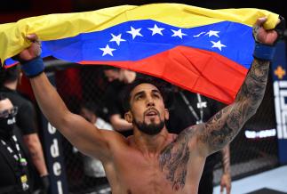 LAS VEGAS, NEVADA - MARCH 27: Omar Morales of Venezuela reacts after the conclusion of his featherweight fight against Shane Young of New Zealand during the UFC 260