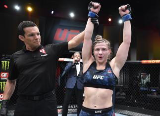 LAS VEGAS, NEVADA - MARCH 27: Miranda Maverick reacts after her victory over Gillian Robertson in their lightweight fight during the UFC 260