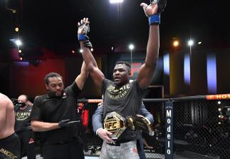 LAS VEGAS, NEVADA - MARCH 27: Francis Ngannou of Cameroon reacts after his victory over Stipe Miocic in their UFC heavyweight championship fight during the UFC 260