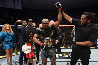 JACKSONVILLE, FLORIDA - APRIL 24: Kamaru Usman of Nigeria reacts after defeating Jorge Masvidal in their UFC welterweight championship bout during the UFC 261