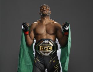 ACKSONVILLE, FLORIDA - APRIL 24: Kamaru Usman of Nigeria poses for a post fight portrait backstage during the UFC 261