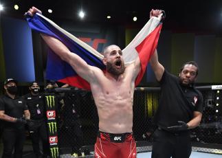 LAS VEGAS, NEVADA - MAY 01: Jiri Prochazka of the Czech Republic reacts after his knockout of Dominick Reyes in a light heavyweight bout during the UFC Fight Night