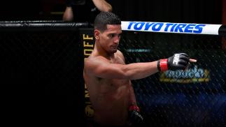 Miguel Baeza reacts after submitting Takashi Soto of Japan in their welterweight bout during the UFC Fight Night at UFC APEX on November 28, 2020 in Las Vegas, Nevada. (Photo by Chris Unger/Zuffa LLC)