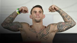 Dustin Poirier poses on the scale during the UFC 257 weigh-in on UFC Fight Island on January 22, 2021 in Abu Dhabi, UAE (Photo by Chris Unger/Zuffa LLC)