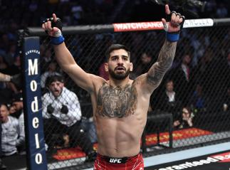 LAS VEGAS, NEVADA - JULY 10: Ilia Topuria of Germany reacts after his victory over Ryan Hall in their featherweight fight during the UFC 264