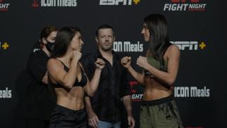 Mackenzie Dern and Marina Rodriguez face off during the UFC Fight Night weigh-in at UFC APEX on October 08, 2021 in Las Vegas, Nevada. (Photo by Jeff Bottari/Zuffa LLC)