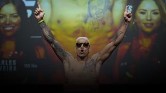 Charles Oliveira of Brazil poses on the scale during the UFC 262 ceremonial weigh-in at George R. Brown Convention Center on May 14, 2021 in Houston, Texas. (Photo by Josh Hedges/Zuffa LLC)