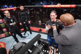 Roxanne Modafferi interacts with her teammates after announcing her retirement during the UFC 271 event at Toyota Center on February 12, 2022 in Houston, Texas. (Photo by Josh Hedges/Zuffa LLC)