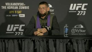 Khamzat Chimaev talks with the press after UFC 273