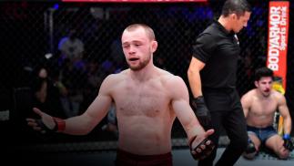 LAS VEGAS, NEVADA - OCTOBER 12: Jake Hadley reacts after his submission victory over Mitch Raposo in a flyweight fight during Dana White's Contender Series season five, week seven at UFC APEX on October 12, 2021 in Las Vegas, Nevada. (Photo by Chris Unger/Zuffa LLC)