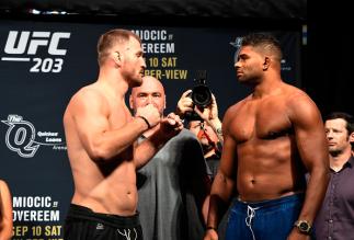 CLEVELAND, OH - SEPTEMBER 09: (L-R) Stipe Miocic of the United States and Alistair Overeem of the Netherlands face off during the UFC 203 Weigh-in at Quicken Loans Arena on September 9, 2016 in Cleveland, Ohio. (Photo by Josh Hedges/Zuffa LLC/Zuffa LLC v
