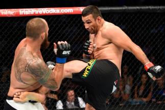 CLEVELAND, OH - SEPTEMBER 10: (R-L) Fabricio Werdum of Brazil kicks Travis Browne in their heavyweight bout during the UFC 203 event at Quicken Loans Arena on September 10, 2016 in Cleveland, Ohio. (Photo by Josh Hedges/Zuffa LLC/Zuffa LLC via Getty Imag