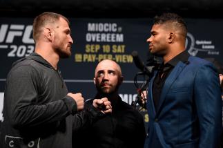 CLEVELAND, OH - SEPTEMBER 08: (L-R) Opponents Stipe Miocic and Alistair Overeem of The Netherlands face off during the UFC 203 press conference at Quicken Loans Arena September 8, 2016 in Cleveland, Ohio. (Photo by Josh Hedges/Zuffa LLC/Zuffa LLC via Ge