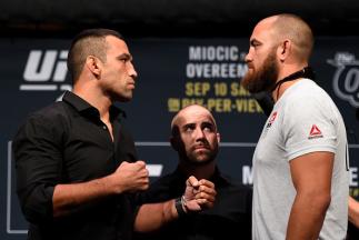 CLEVELAND, OH - SEPTEMBER 08: (L-R) Opponents Fabricio Werdum of Brazil and Travis Browne face off during the UFC 203 press conference at Quicken Loans Arena September 8, 2016 in Cleveland, Ohio. (Photo by Josh Hedges/Zuffa LLC/Zuffa LLC via Getty Image