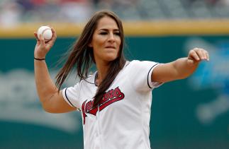 CLEVELAND, OH - SEPTEMBER 08: UFC fighter Jessica Eye throws out the ceremonial first pitch before the start of the game between the Cleveland Indians and the Houston Astros at Progressive Field on September 8, 2016 in Cleveland, Ohio. (Photo by David Ma