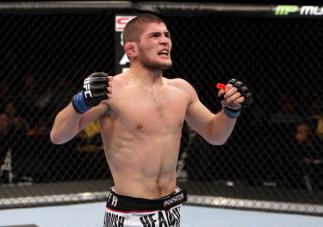 NASHVILLE, TN - JANUARY 20: Khabib Nurmagomedov reacts after defeating Kamal Shalorus during the UFC on FX event at Bridgestone Arena on January 20, 2012 in Nashville, Tennessee. (Photo by Josh Hedges/Zuffa LLC/Zuffa LLC via Getty Images)