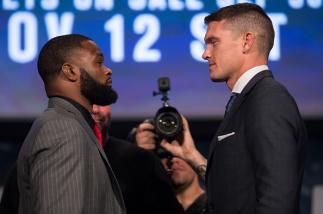 NEW YORK, NY - SEPTEMBER 27: (L-R) UFC welterweight champion Tyron Woodley and Stephen Thompson face-off during the UFC 205 press event at Madison Square Garden on September 27, 2016 in New York City. (Photo by Brandon Magnus/Zuffa LLC/Zuffa LLC via Getty