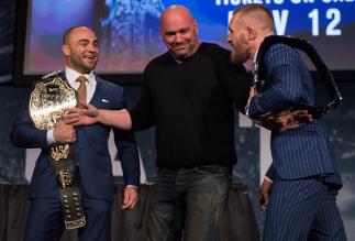 NEW YORK, NY - SEPTEMBER 27: (R-L) UFC featherweight champion Conor McGregor and UFC lightweight champion Eddie Alvarez face-off during the UFC 205 press event at Madison Square Garden on September 27, 2016 in New York City. (Photo by Brandon Magnus/Zuff