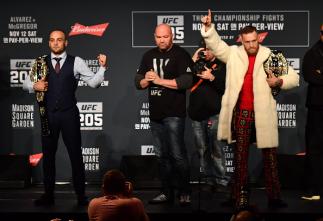 NEW YORK, NY - NOVEMBER 10: (L-R) Opponents Eddie Alvarez and Conor McGregor of Ireland pose for photos during the UFC 205 press conference inside The Theater at Madison Square Garden on November 10, 2016 in New York City. (Photo by Brandon Magnus/Zuffa