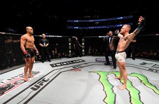 NEW YORK, NY - NOVEMBER 12: Eddie Alvarez of the United States (left) prepares for his fight against Conor McGregor of Ireland in their lightweight championship bout during the UFC 205 event at Madison Square Garden on November 12, 2016 in New York City.