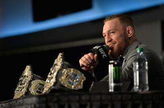 NEW YORK, NY - NOVEMBER 12: UFC featherweight and lightweight champion Conor McGregor of Ireland speaks to the media during the UFC 205 post fight press conference at Madison Square Garden on November 12, 2016 in New York City. (Photo by Brandon Magnus/Z