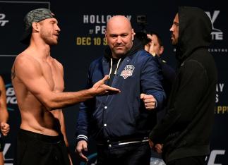 TORONTO, CANADA - DECEMBER 09: (L-R) Opponents Donald Cerrone and Matt Brown face off during the UFC 206 weigh-in inside the Air Canada Centre on December 9, 2016 in Toronto, Ontario, Canada. (Photo by Jeff Bottari/Zuffa LLC/Zuffa LLC via Getty Images)