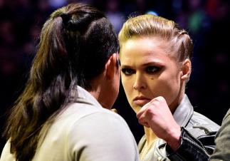 NEW YORK, NY - NOVEMBER 11: (R-L) UFC 207 opponents Ronda Rousey and Amanda Nunes face off during the UFC 205 weigh-in inside Madison Square Garden on November 11, 2016 in New York City. (Photo by Mike Roach/Zuffa LLC/Zuffa LLC via Getty Images)