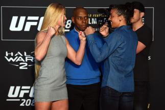 BROOKLYN, NY - FEBRUARY 08: (L-R) Holly Holm and Germaine de Randamie of The Netherlands face off during the UFC 208 Ultimate Media Day at the Barclays Center on February 8, 2017 in Brooklyn, New York. (Photo by Jeff Bottari/Zuffa LLC/Zuffa LLC via Getty