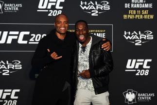 BROOKLYN, NY - FEBRUARY 08: (L-R) Anderson Silva of Brazil and Derek Brunson face off during the UFC 208 Ultimate Media Day at the Barclays Center on February 8, 2017 in Brooklyn, New York. (Photo by Jeff Bottari/Zuffa LLC/Zuffa LLC via Getty Images)