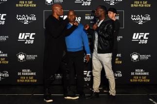 BROOKLYN, NY - FEBRUARY 08: (L-R) Anderson Silva of Brazil and Derek Brunson face off during the UFC 208 Ultimate Media Day at the Barclays Center on February 8, 2017 in Brooklyn, New York. (Photo by Jeff Bottari/Zuffa LLC/Zuffa LLC via Getty Images)