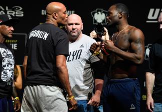 BROOKLYN, NEW YORK - FEBRUARY 10: (L-R) Anderson Silva of Brazil and Derek Brunson face off during the UFC 208 weigh-in inside Kings Theater on February 10, 2017 in Brooklyn, New York. (Photo by Jeff Bottari/Zuffa LLC/Zuffa LLC via Getty Images)