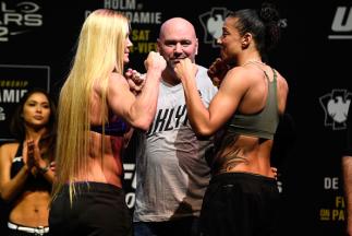BROOKLYN, NEW YORK - FEBRUARY 10: (L-R) Holly Holm and Germaine de Randamie of The Netherlands face off during the UFC 208 weigh-in inside Kings Theater on February 10, 2017 in Brooklyn, New York. (Photo by Jeff Bottari/Zuffa LLC/Zuffa LLC via Getty Imag