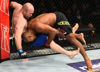 BROOKLYN, NEW YORK - FEBRUARY 11: (R-L) Ronaldo Souza of Brazil takes down Tim Boetsch in their middleweight bout during the UFC 208 event inside Barclays Center on February 11, 2017 in Brooklyn, New York. (Photo by Jeff Bottari/Zuffa LLC/Zuffa LLC via G