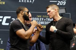 LAS VEGAS, NV - JANUARY 19: (L-R) UFC Welterweight Champion Tyron Woodley and No. 1 UFC welterweight contender Stephen Thompson face off during the UFC 209 Ultimate Media Day event inside The Park Theater on January 19, 2017 in Las Vegas, Nevada. (Photo