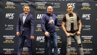 LAS VEGAS, NV - JANUARY 19: (L-R) No. 1 lightweight contender Khabib Nurmagomedov of Russia and No. 2 lightweight contender Tony Ferguson pose for the media during the UFC 209 Ultimate Media Day event inside The Park Theater on January 19, 2017 in Las Veg
