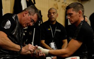 NEW YORK, NY - NOVEMBER 12: Stephen Thompson has his hands wrapped in his locker room prior to his UFC welterweight title bout against Tyron Woodley during the UFC 205 event at Madison Square Garden on November 12, 2016 in New York City. (Photo by Brand