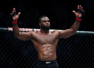 NEW YORK, NY - NOVEMBER 12: Tyrone Wodley of the United States reacts against Stephen Thompson of the United States in their welterweight championship bout during the UFC 205 event at Madison Square Garden on November 12, 2016 in New York City. (Photo b