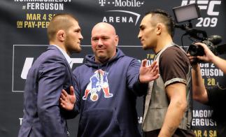 LAS VEGAS, NV - JANUARY 19: (L-R) No. 1 lightweight contender Khabib Nurmagomedov of Russia and No. 2 lightweight contender Tony Ferguson face off during the UFC 209 Ultimate Media Day event inside The Park Theater on January 19, 2017 in Las Vegas, Nevad