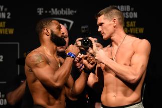LAS VEGAS, NV - MARCH 03: (L-R) UFC welterweight champion Tyron Woodley and Stephen Thompson face off during the UFC 209 weigh-in at T-Mobile arena on March 3, 2017 in Las Vegas, Nevada. (Photo by Josh Hedges/Zuffa LLC/Zuffa LLC via Getty Images)