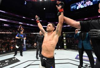 DALLAS, TX - MAY 13: Frankie Edgar celebrates his victory over Yair Rodriguez in their featherweight fight during the UFC 211 event at the American Airlines Center on May 13, 2017 in Dallas, Texas. (Photo by Josh Hedges/Zuffa LLC/Zuffa LLC via Getty Imag