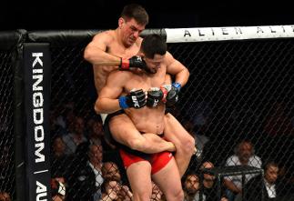 DALLAS, TX - MAY 13: (L-R) Demian Maia punches Jorge Masvidal in their welterweight fight during the UFC 211 event at the American Airlines Center on May 13, 2017 in Dallas, Texas. (Photo by Josh Hedges/Zuffa LLC/Zuffa LLC via Getty Images)