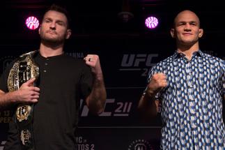 DALLAS, TX - MAY 10: Stipe Miocic (L) faces off with Junior dos Santos during the UFC 211 Ultimate Media Day at the House of Blues Dallas on May 10, 2017 in Dallas, Texas. (Photo by Cooper Neill/Zuffa LLC/Zuffa LLC via Getty Images)