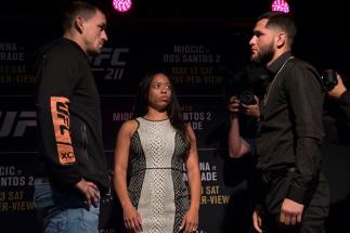 DALLAS, TX - MAY 10: Demian Maia faces off with Jorge Masvidal during the UFC 211 Ultimate Media Day at the House of Blues Dallas on May 10, 2017 in Dallas, Texas. (Photo by Cooper Neill/Zuffa LLC/Zuffa LLC via Getty Images)