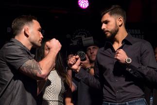 DALLAS, TX - MAY 10: Frankie Edgar faces off with Yair Rodriguez during the UFC 211 Ultimate Media Day at the House of Blues Dallas on May 10, 2017 in Dallas, Texas. (Photo by Cooper Neill/Zuffa LLC/Zuffa LLC via Getty Images)