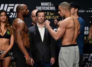 LAS VEGAS, NV - JULY 07: (L-R) Opponents Yoel Romero of Cuba and Robert Whittaker of New Zealand face off during the UFC 213 weigh-in at the Park Theater on July 7, 2017 in Las Vegas, Nevada. (Photo by Jeff Bottari/Zuffa LLC/Zuffa LLC via Getty Images)